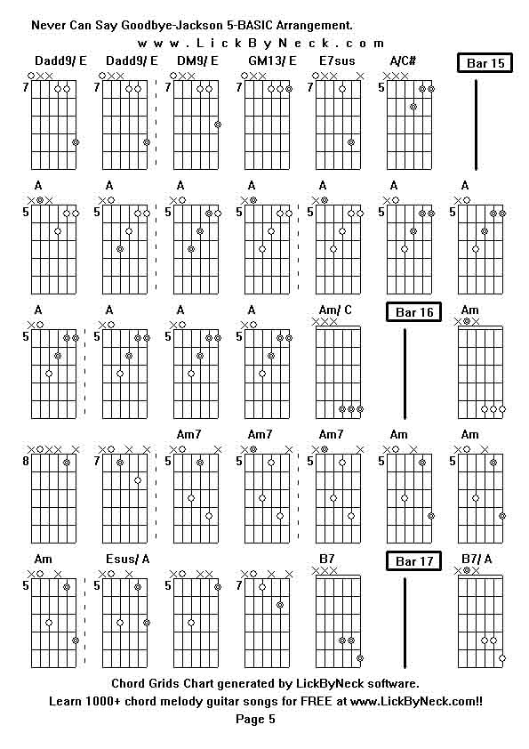 Chord Grids Chart of chord melody fingerstyle guitar song-Never Can Say Goodbye-Jackson 5-BASIC Arrangement,generated by LickByNeck software.